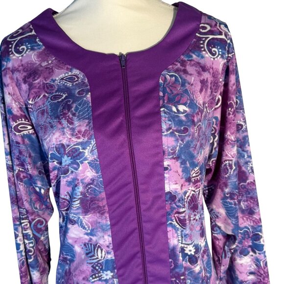 VTG Purple Floral Silky Long-Sleeve Robe Loungewear Zipper Pockets Size L Womens - Picture 3 of 14